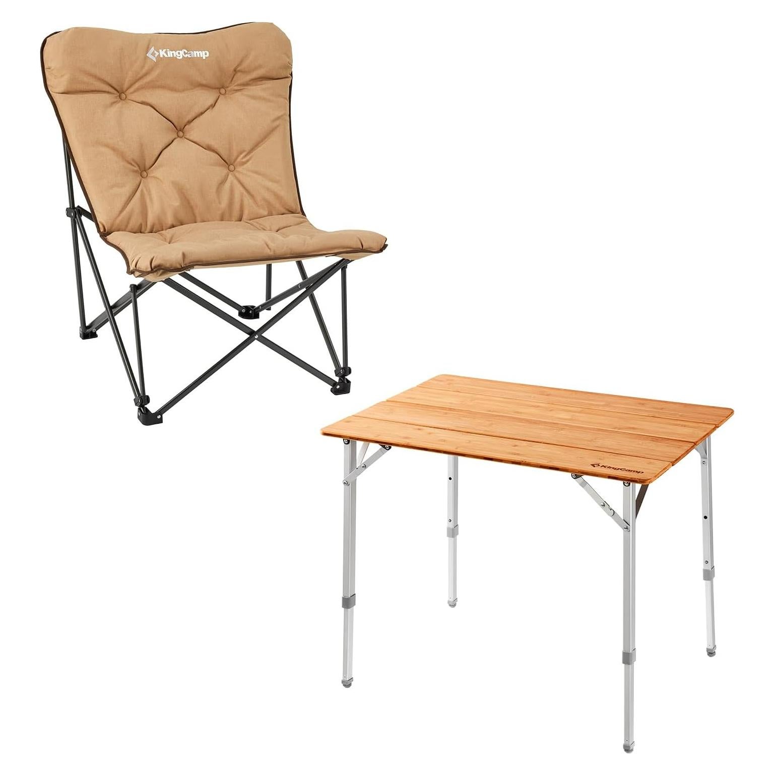 KingCamp Padded Oversized Camping Chair and Bamboo Folding Camping Table 4 Folds Lightweight with Adjustable Height Aluminum Legs Portable Camp Tables in Carry Bag