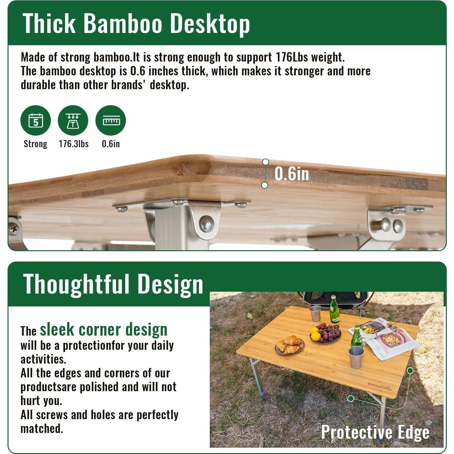 KingCamp Padded Oversized Camping Chair and Bamboo Folding Camping Table 4 Folds Lightweight with Adjustable Height Aluminum Legs Portable Camp Tables in Carry Bag