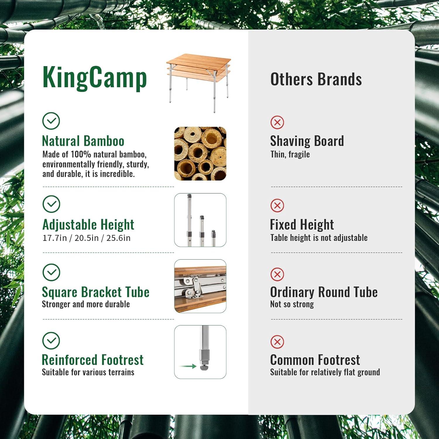 KingCamp Padded Oversized Camping Chair and Bamboo Folding Camping Table 4 Folds Lightweight with Adjustable Height Aluminum Legs Portable Camp Tables in Carry Bag