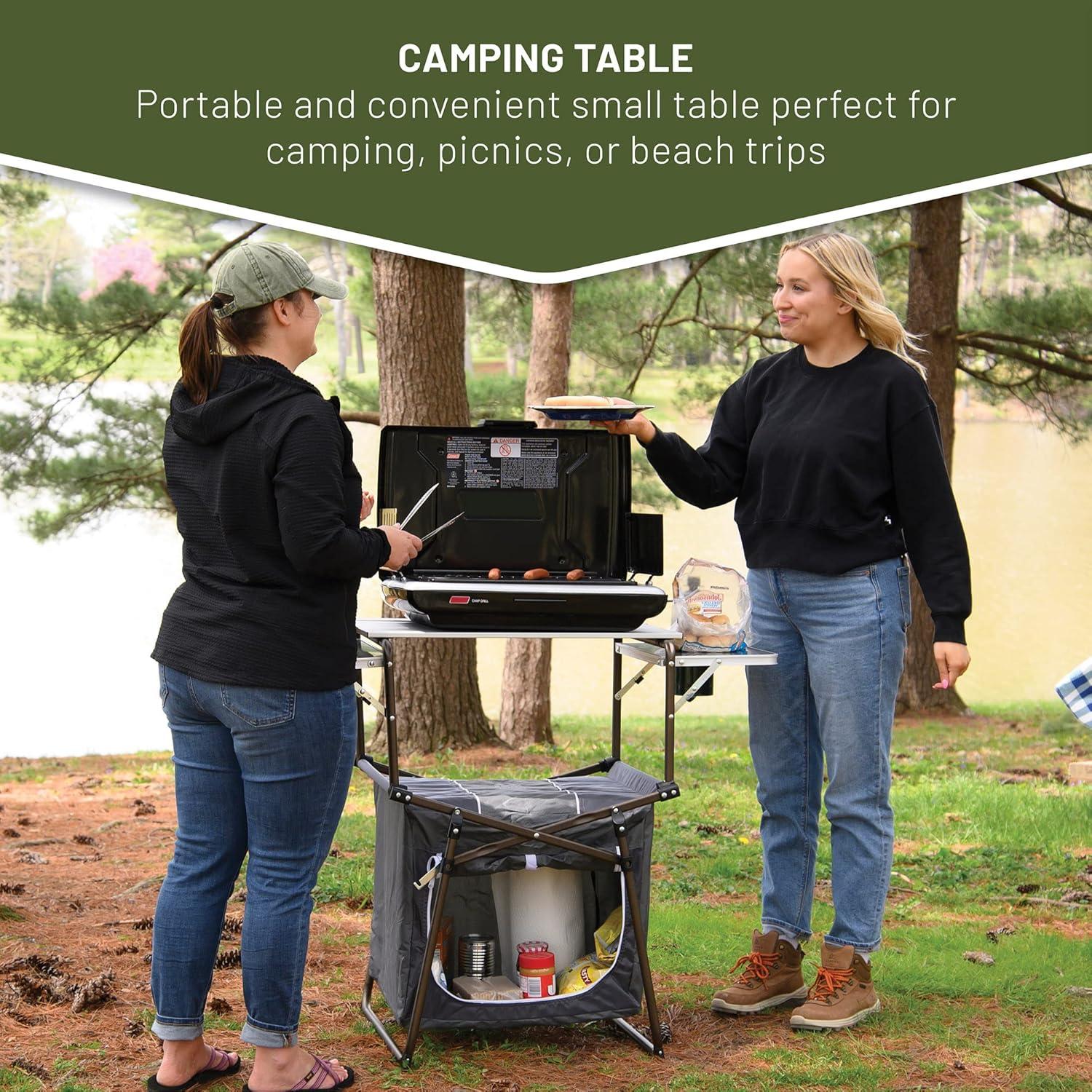 Outdoor Folding Camping Kitchen Table, Lightweight Portable Aluminum Cooking Table with Storage and Carry Bag, Camp Cook Station, Foldable Grill Table for BBQ Picnic Backyard, Gray