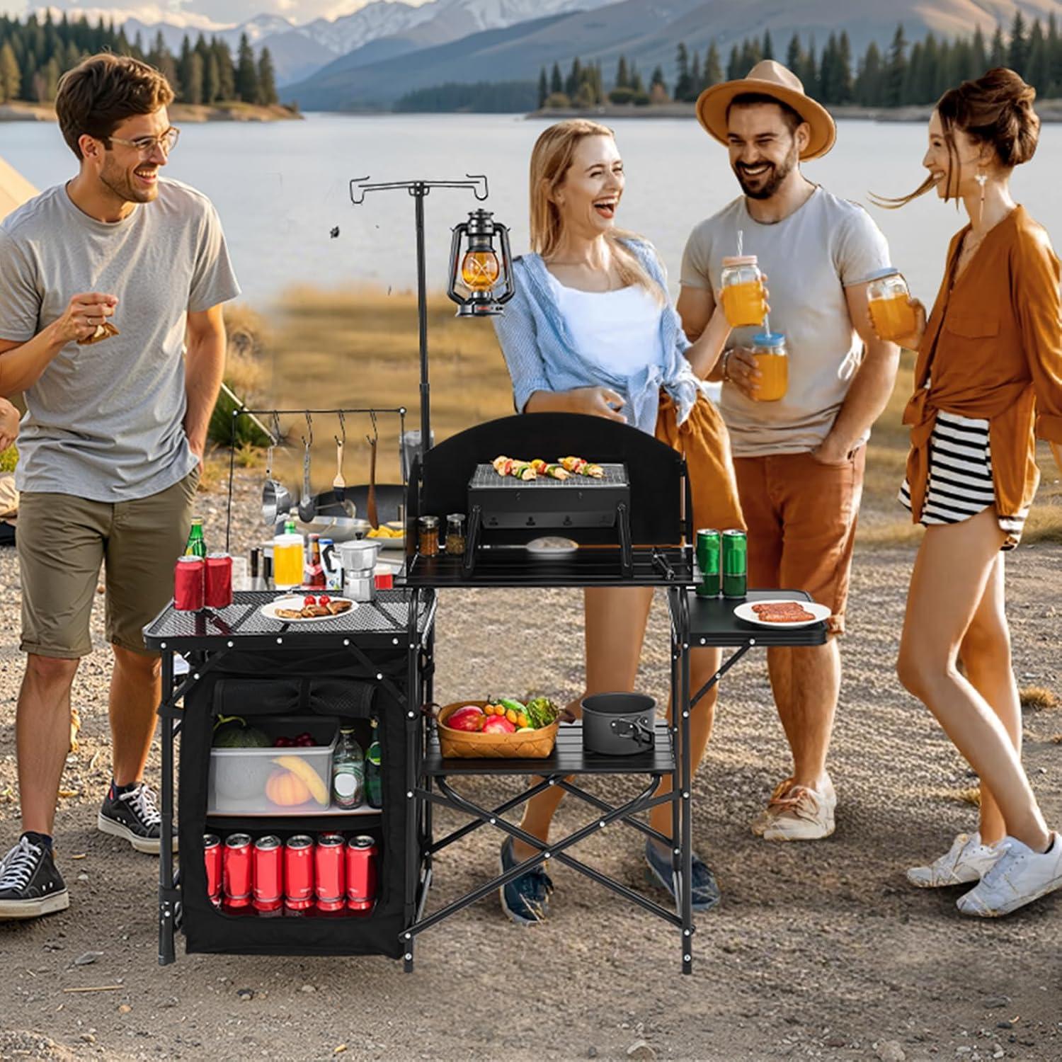 Camping Kitchen Table, Outdoor Camp Cooking Table, Aluminum Portable Cook Station with Storage Cupboard, Carrying Bag, Detachable Windscreen, Quick Set-up for BBQ Party Picnic RV Travel, Black