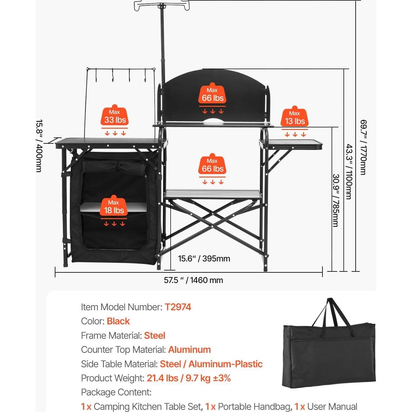 Camping Kitchen Table, Outdoor Camp Cooking Table, Aluminum Portable Cook Station with Storage Cupboard, Carrying Bag, Detachable Windscreen, Quick Set-up for BBQ Party Picnic RV Travel, Black