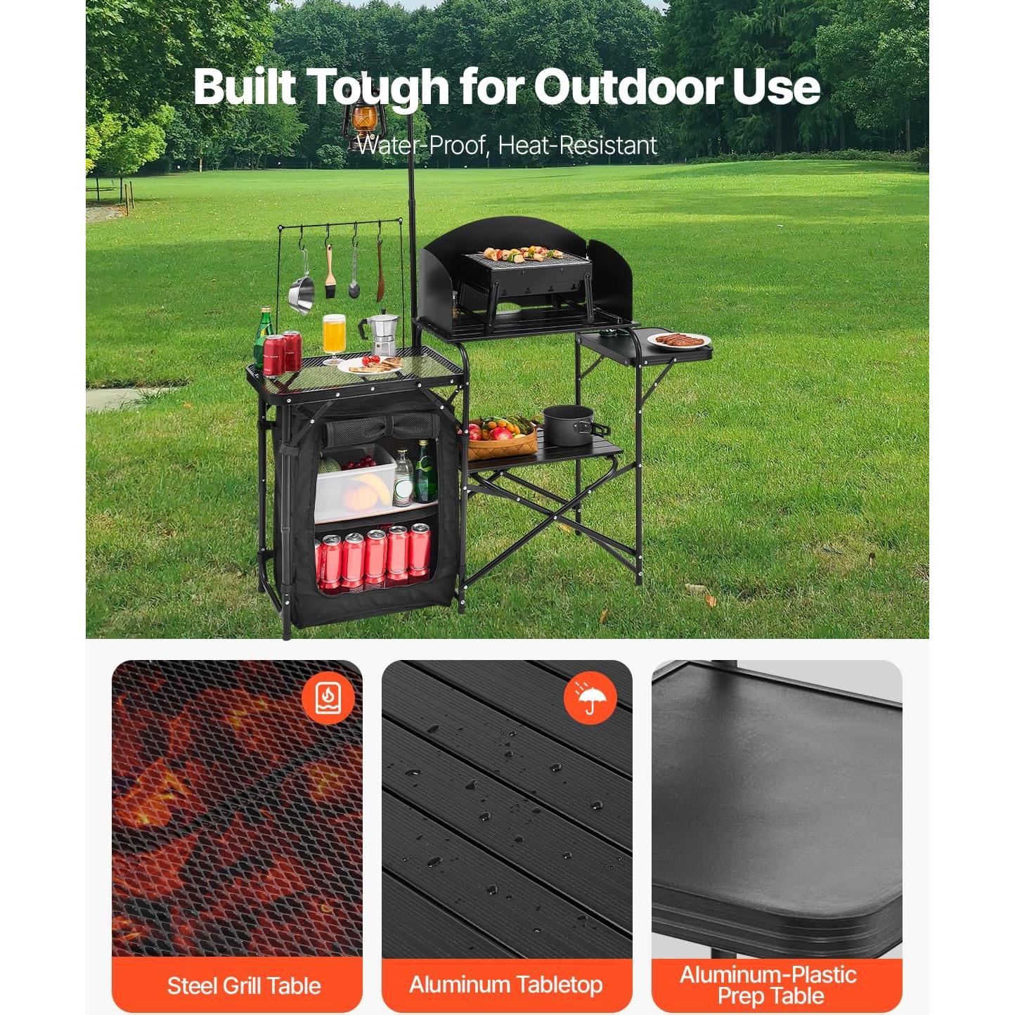 Camping Kitchen Table, Outdoor Camp Cooking Table, Aluminum Portable Cook Station with Storage Cupboard, Carrying Bag, Detachable Windscreen, Quick Set-up for BBQ Party Picnic RV Travel, Black