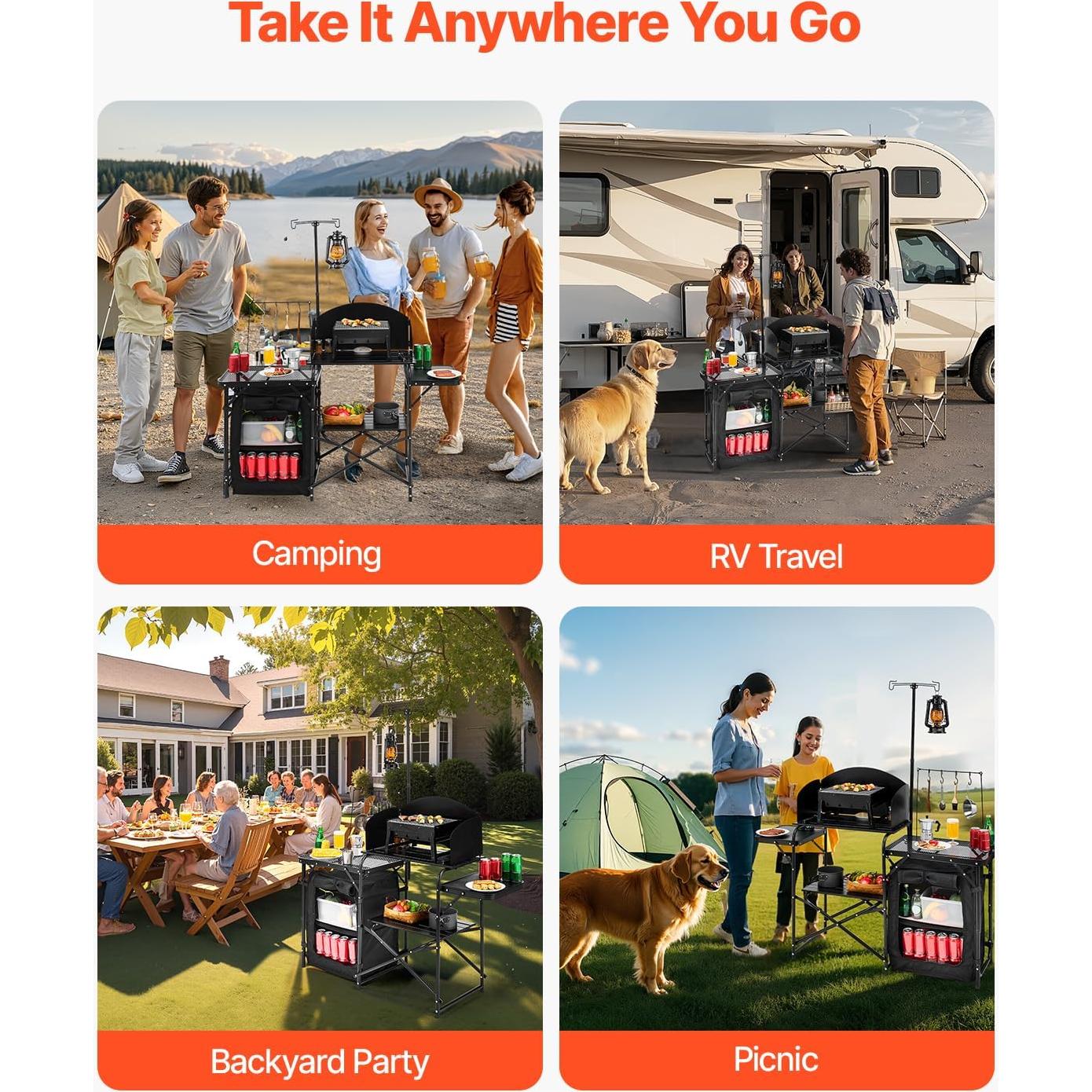 Camping Kitchen Table, Outdoor Camp Cooking Table, Aluminum Portable Cook Station with Storage Cupboard, Carrying Bag, Detachable Windscreen, Quick Set-up for BBQ Party Picnic RV Travel, Black