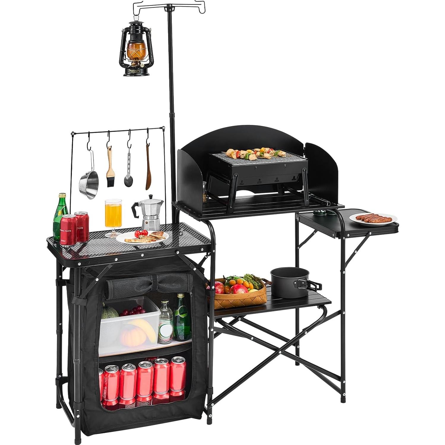 Camping Kitchen Table, Outdoor Camp Cooking Table, Aluminum Portable Cook Station with Storage Cupboard, Carrying Bag, Detachable Windscreen, Quick Set-up for BBQ Party Picnic RV Travel, Black