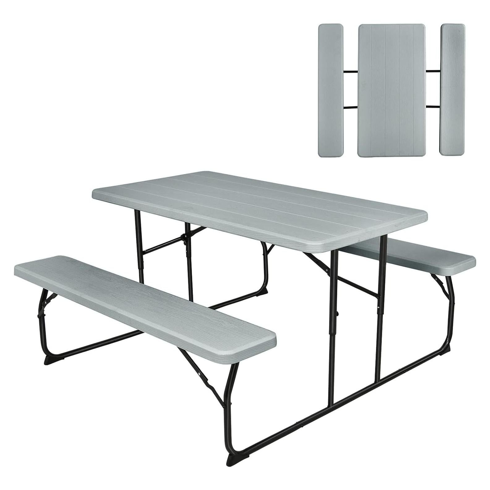 Picnic Table, 550 LBS Folding Picnic Tables with Benches & Seats, Weather-Resistant Easy Setup Portable Picnic Table, Wood-Like Foldable Picnic Tables for Outdoors Patio Deck Party BBQ (Grey)