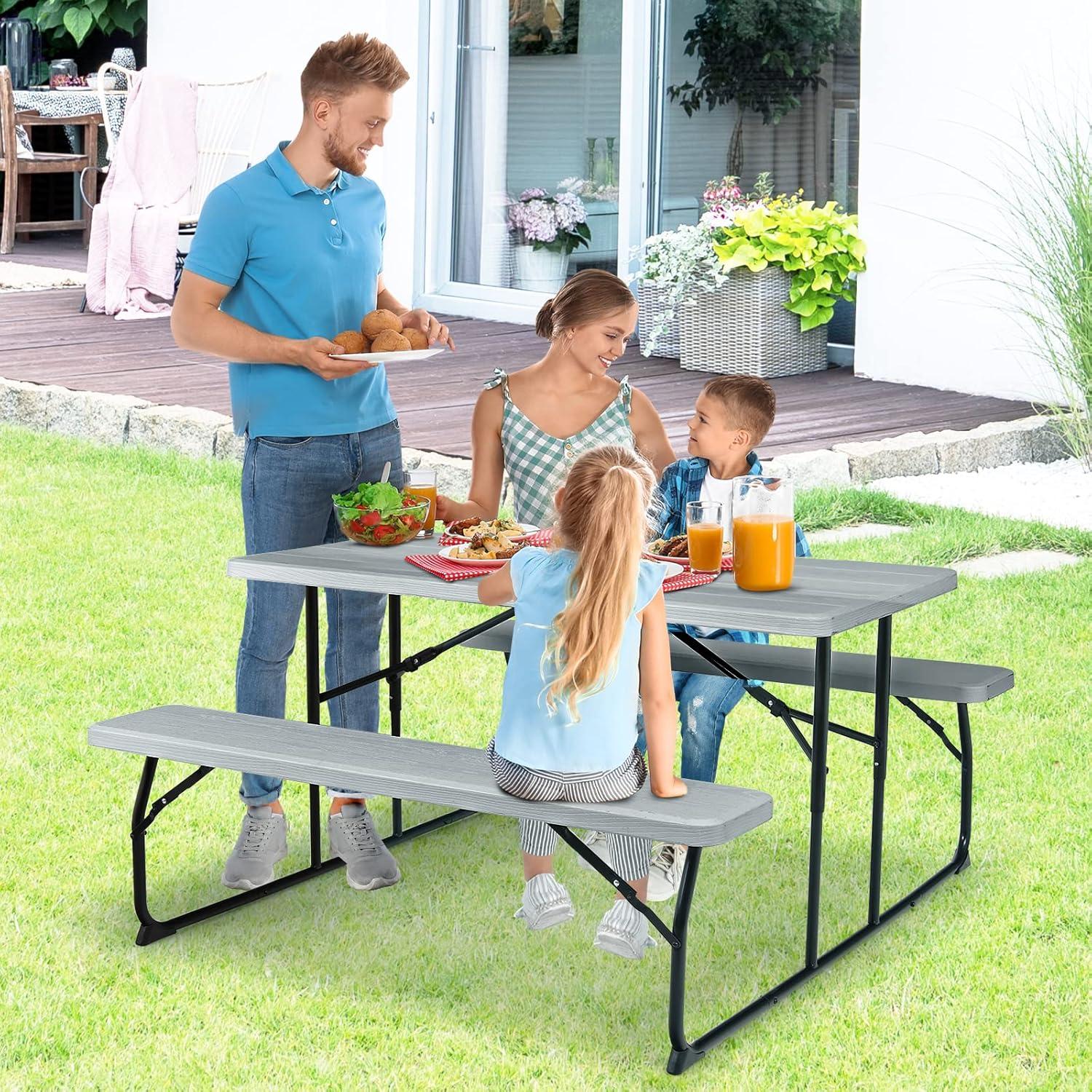 Picnic Table, 550 LBS Folding Picnic Tables with Benches & Seats, Weather-Resistant Easy Setup Portable Picnic Table, Wood-Like Foldable Picnic Tables for Outdoors Patio Deck Party BBQ (Grey)