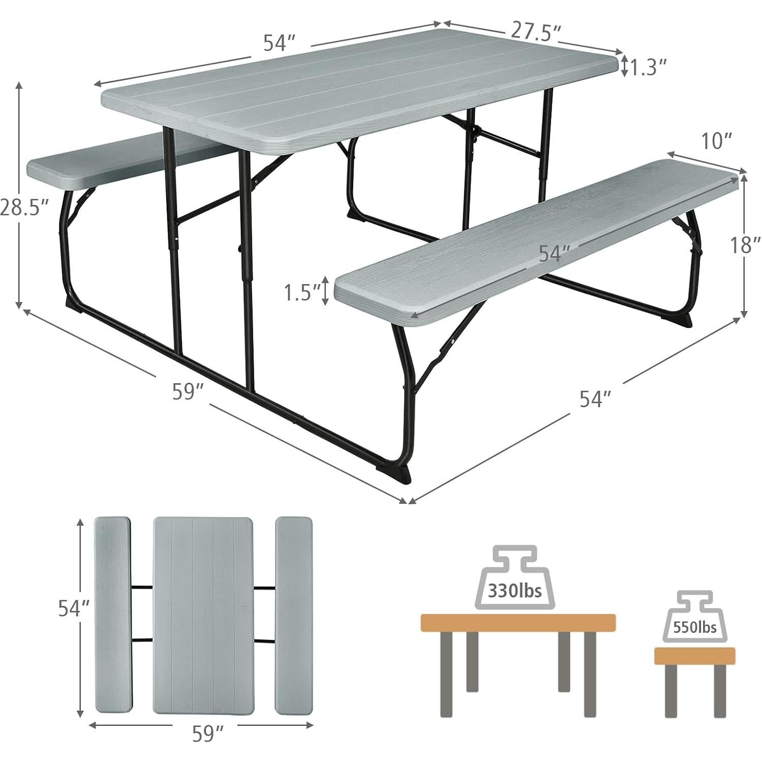 Picnic Table, 550 LBS Folding Picnic Tables with Benches & Seats, Weather-Resistant Easy Setup Portable Picnic Table, Wood-Like Foldable Picnic Tables for Outdoors Patio Deck Party BBQ (Grey)