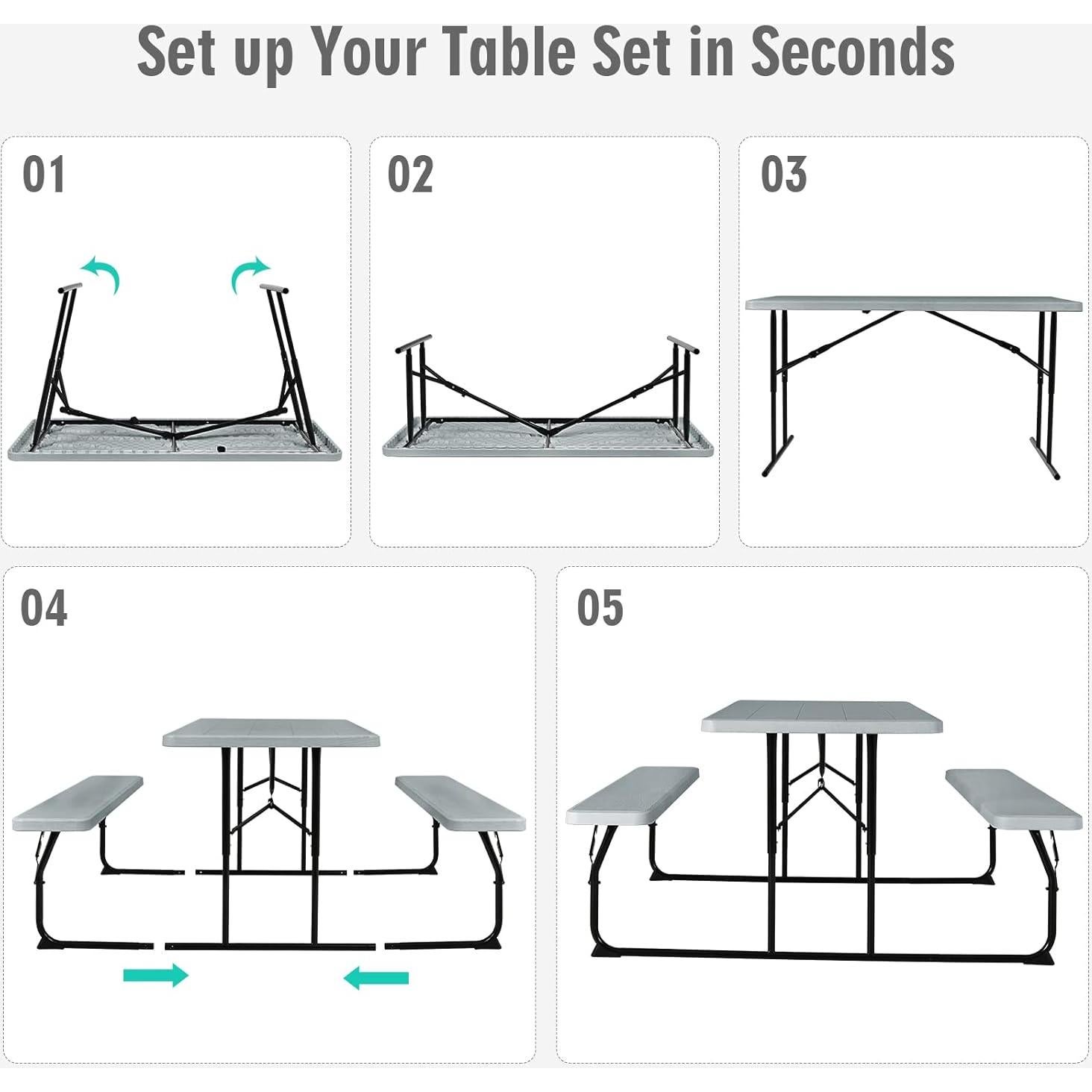 Picnic Table, 550 LBS Folding Picnic Tables with Benches & Seats, Weather-Resistant Easy Setup Portable Picnic Table, Wood-Like Foldable Picnic Tables for Outdoors Patio Deck Party BBQ (Grey)