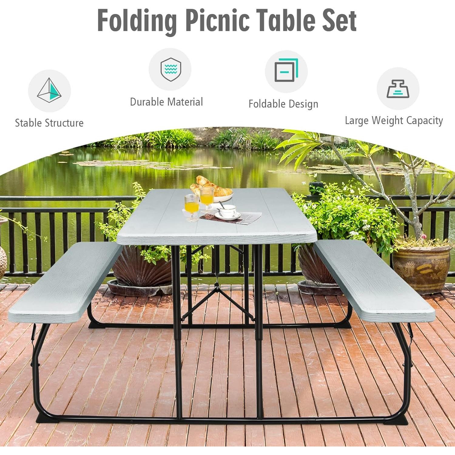 Picnic Table, 550 LBS Folding Picnic Tables with Benches & Seats, Weather-Resistant Easy Setup Portable Picnic Table, Wood-Like Foldable Picnic Tables for Outdoors Patio Deck Party BBQ (Grey)