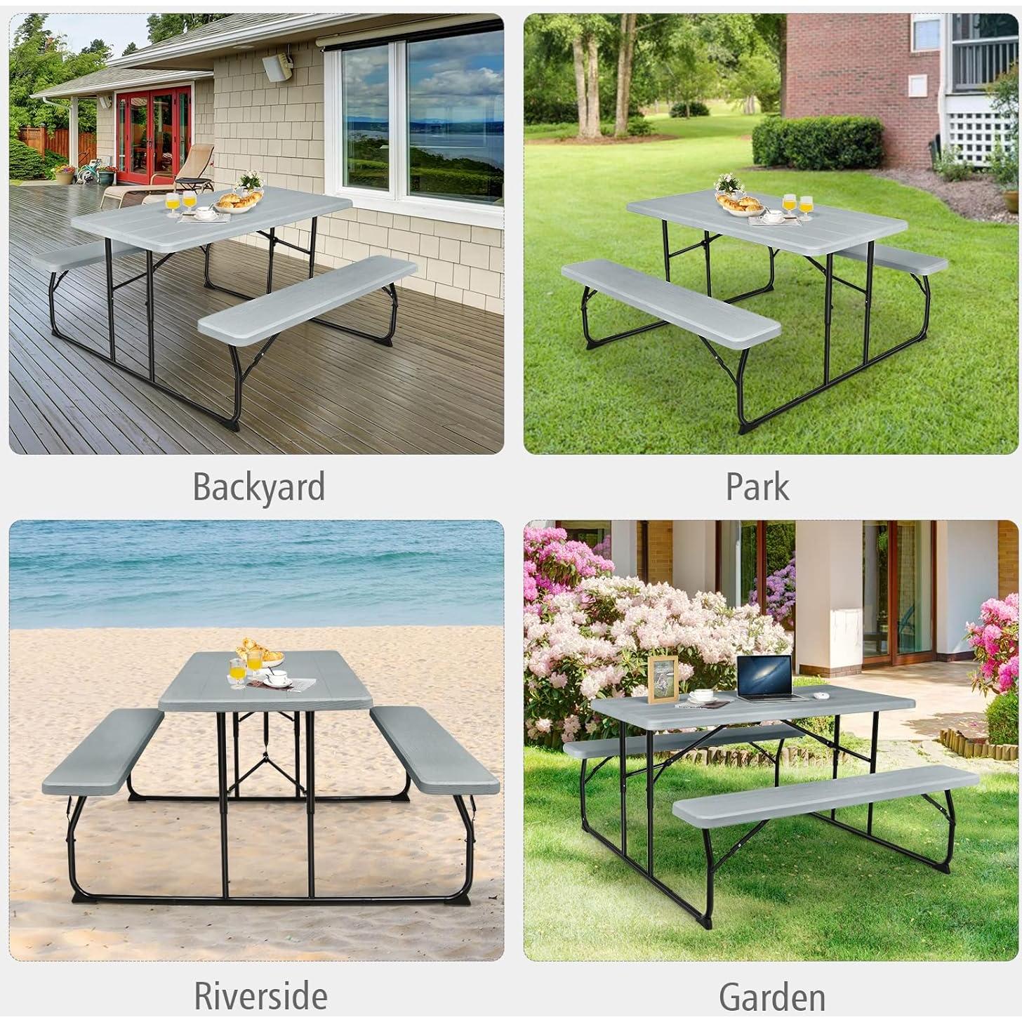 Picnic Table, 550 LBS Folding Picnic Tables with Benches & Seats, Weather-Resistant Easy Setup Portable Picnic Table, Wood-Like Foldable Picnic Tables for Outdoors Patio Deck Party BBQ (Grey)