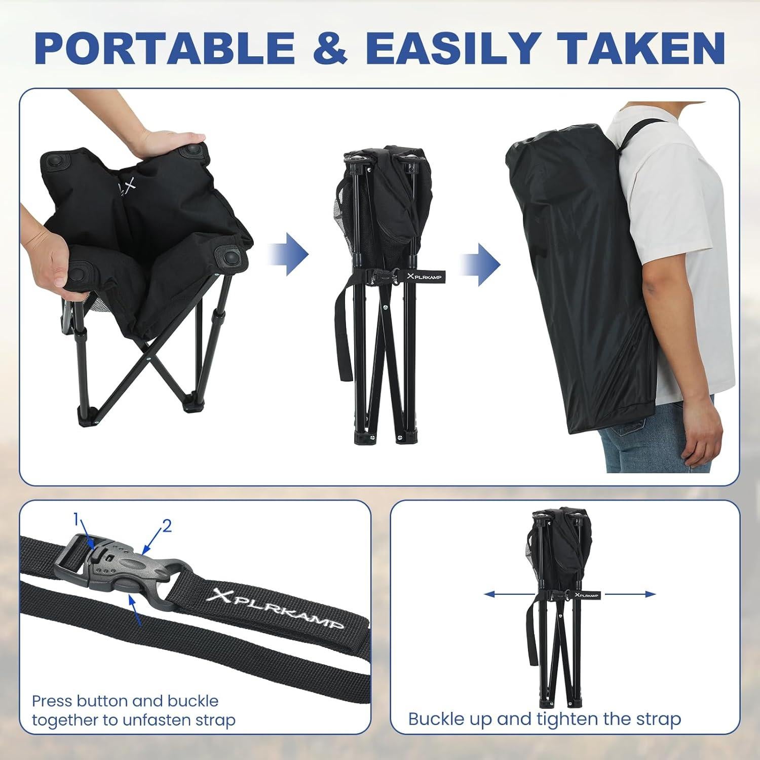 Taburete de Camping Acolchado XplrKamp 227kg Negro Plegable