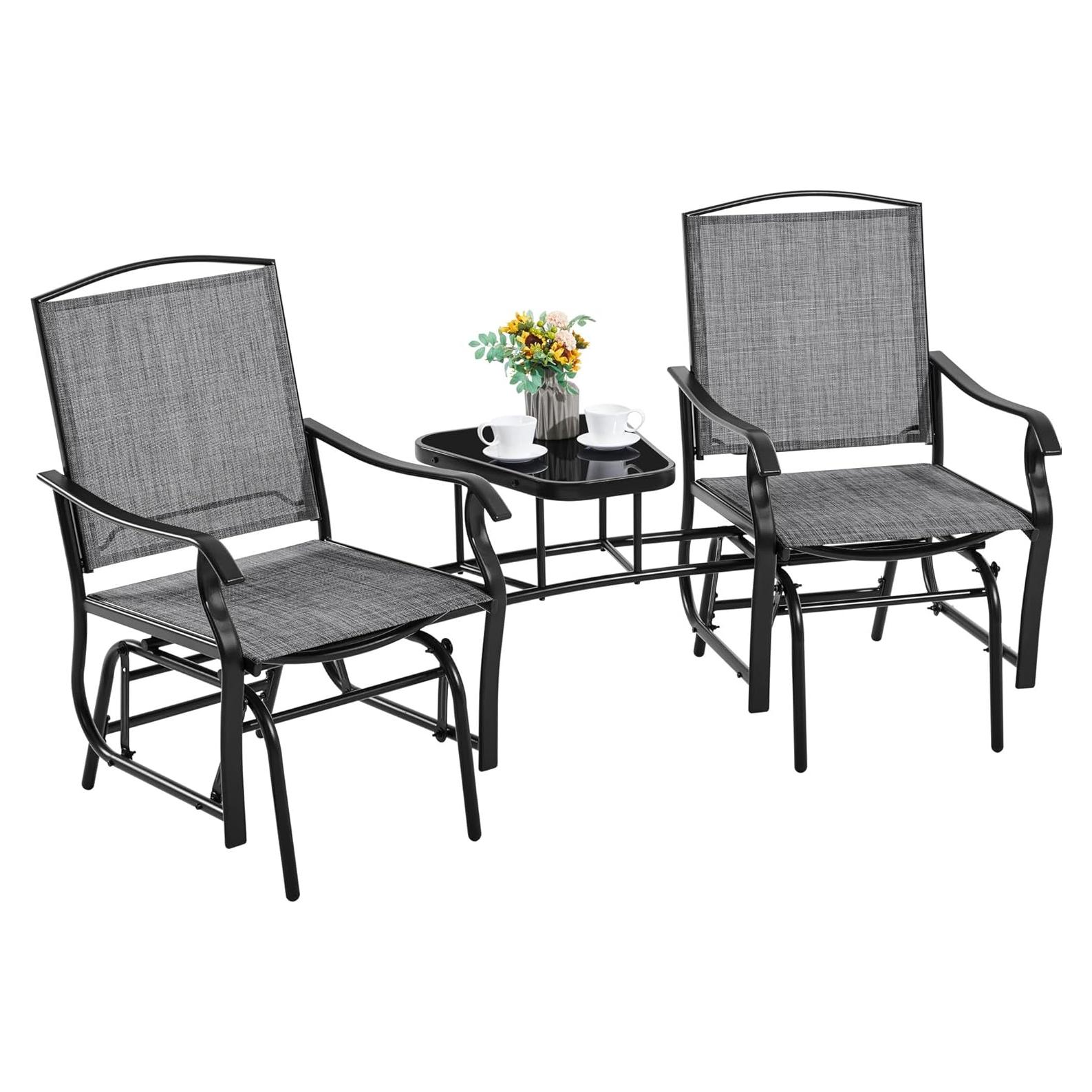Yaheetech Outdoor Glider Chairs with Glass Table Rocking Chairs, Outdoor Loveseat Patio 2-Seat with Breathable Sling Fabric for Lawn, Garden and Porch, Gray