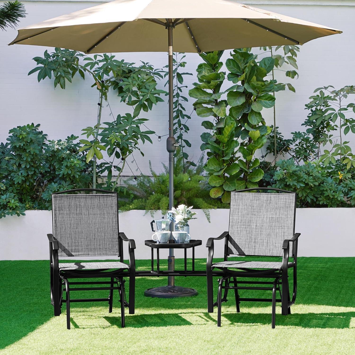 Yaheetech Outdoor Glider Chairs with Glass Table Rocking Chairs, Outdoor Loveseat Patio 2-Seat with Breathable Sling Fabric for Lawn, Garden and Porch, Gray