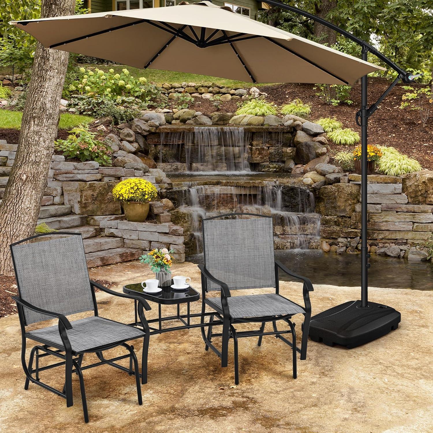 Yaheetech Outdoor Glider Chairs with Glass Table Rocking Chairs, Outdoor Loveseat Patio 2-Seat with Breathable Sling Fabric for Lawn, Garden and Porch, Gray