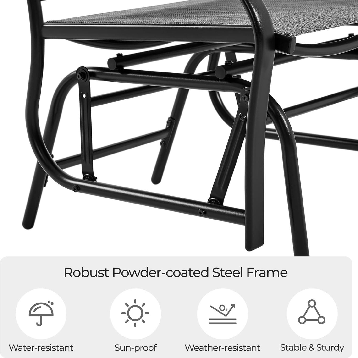 Yaheetech Outdoor Glider Chairs with Glass Table Rocking Chairs, Outdoor Loveseat Patio 2-Seat with Breathable Sling Fabric for Lawn, Garden and Porch, Gray