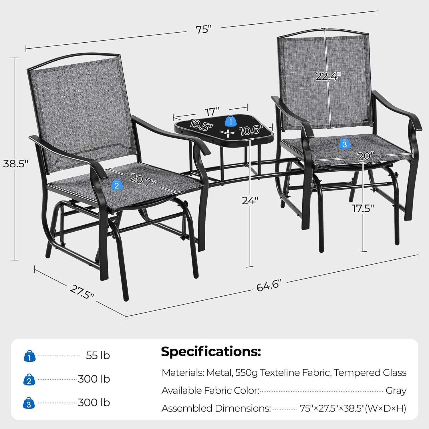 Yaheetech Outdoor Glider Chairs with Glass Table Rocking Chairs, Outdoor Loveseat Patio 2-Seat with Breathable Sling Fabric for Lawn, Garden and Porch, Gray