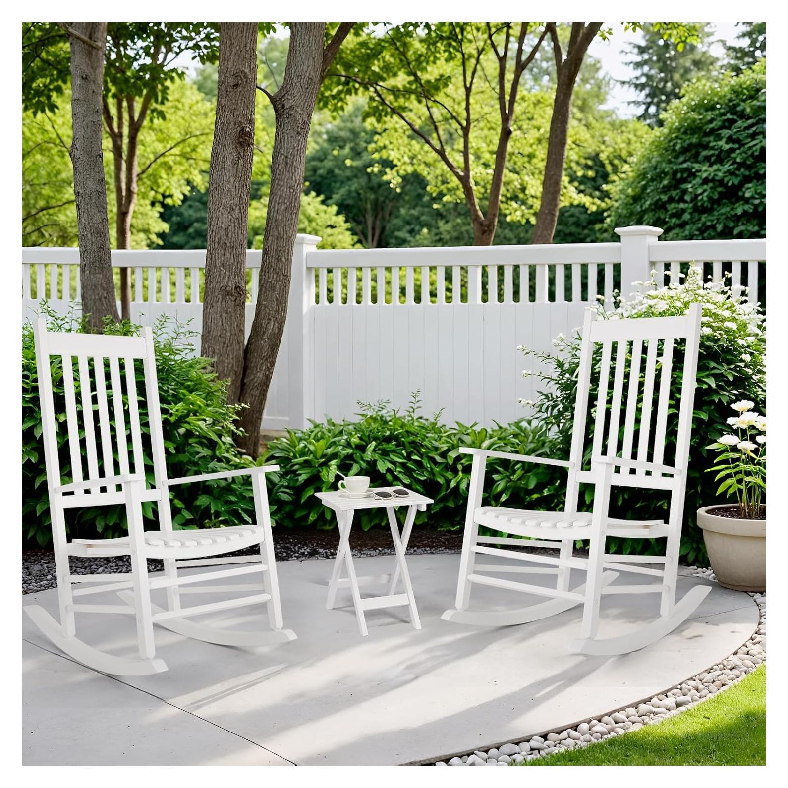 MAMIZO 3-Piece Wooden Rocking Chair Set with Side Table – High Back Patio Rocker for Indoors/Outdoor Use, Easy Assembly for Porch, Garden, Balcony, Lawn & Backyard