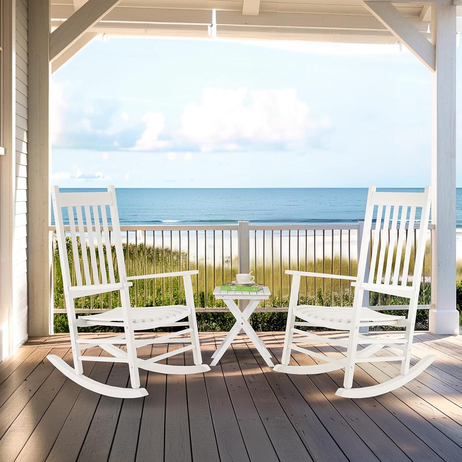 MAMIZO 3-Piece Wooden Rocking Chair Set with Side Table – High Back Patio Rocker for Indoors/Outdoor Use, Easy Assembly for Porch, Garden, Balcony, Lawn & Backyard