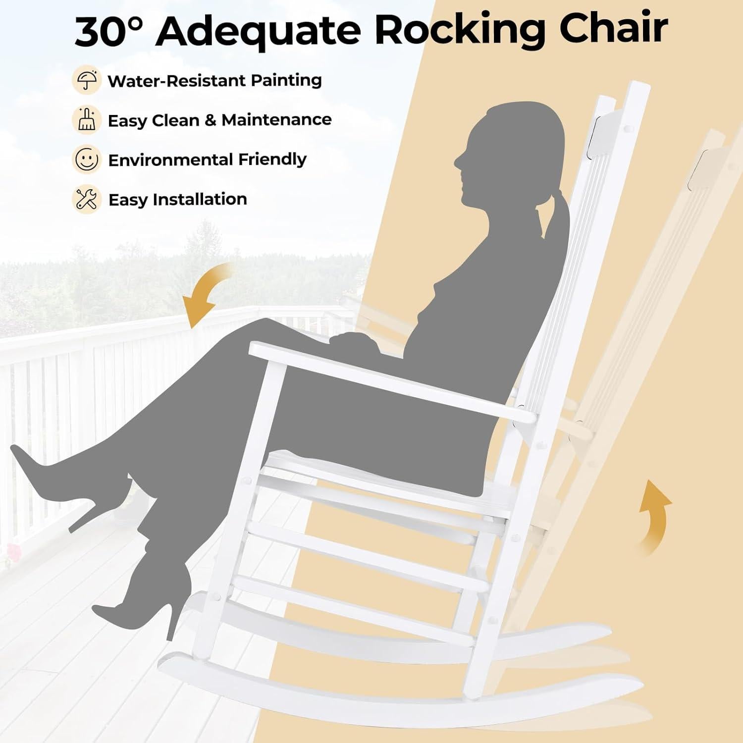 MAMIZO 3-Piece Wooden Rocking Chair Set with Side Table – High Back Patio Rocker for Indoors/Outdoor Use, Easy Assembly for Porch, Garden, Balcony, Lawn & Backyard