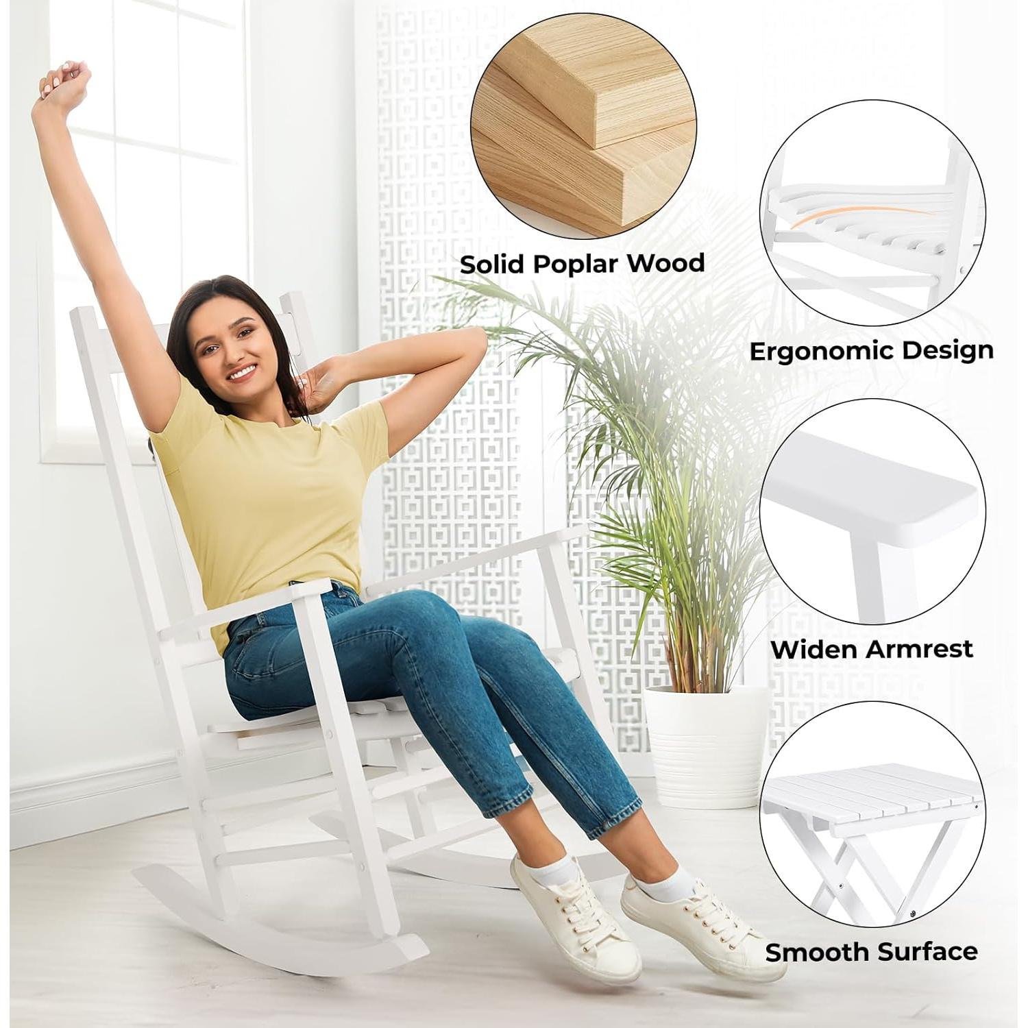 MAMIZO 3-Piece Wooden Rocking Chair Set with Side Table – High Back Patio Rocker for Indoors/Outdoor Use, Easy Assembly for Porch, Garden, Balcony, Lawn & Backyard