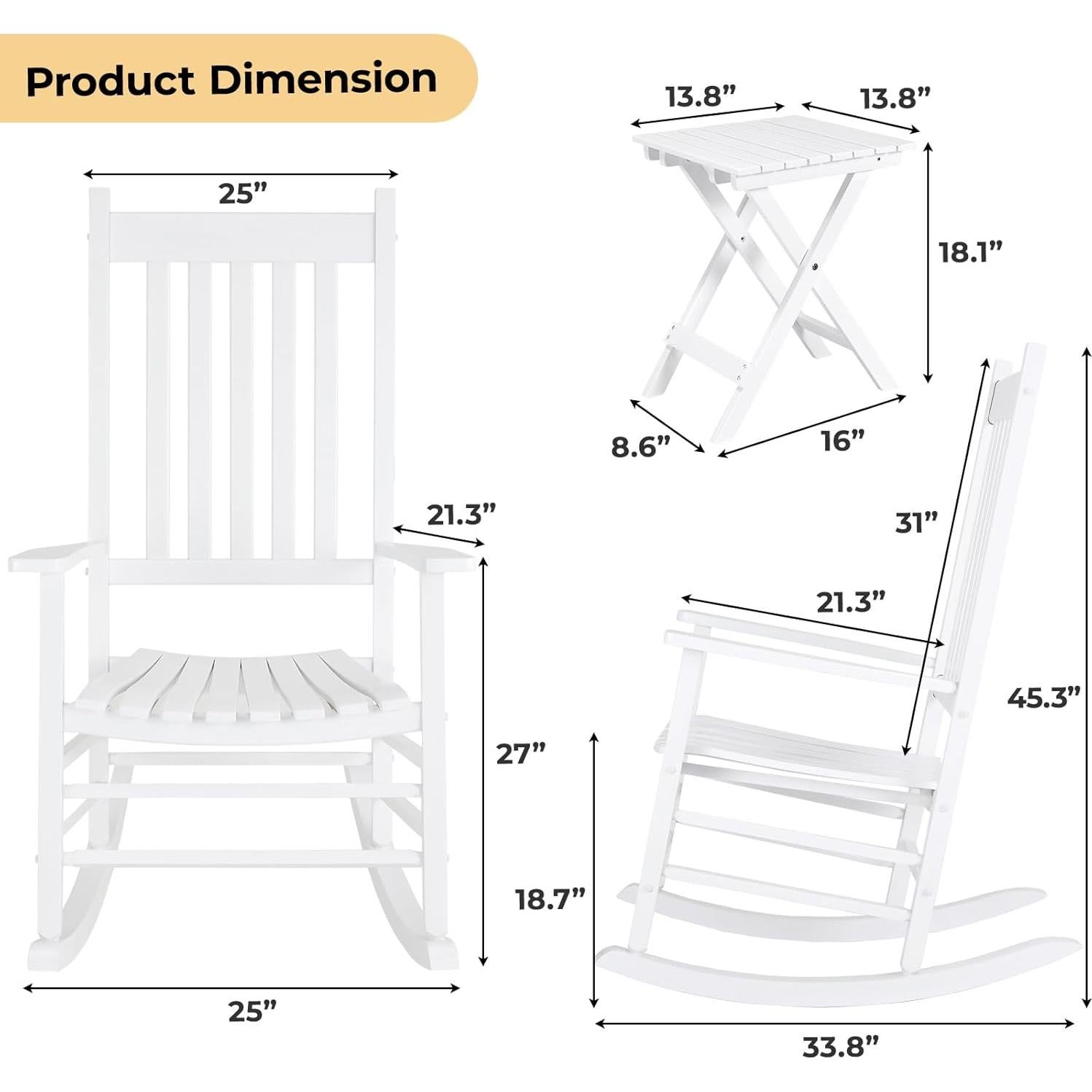 MAMIZO 3-Piece Wooden Rocking Chair Set with Side Table – High Back Patio Rocker for Indoors/Outdoor Use, Easy Assembly for Porch, Garden, Balcony, Lawn & Backyard