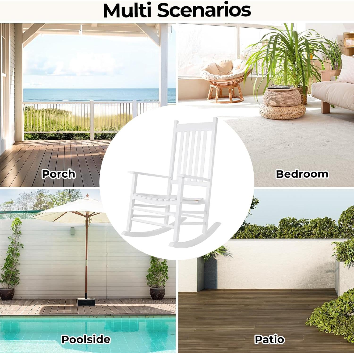 MAMIZO 3-Piece Wooden Rocking Chair Set with Side Table – High Back Patio Rocker for Indoors/Outdoor Use, Easy Assembly for Porch, Garden, Balcony, Lawn & Backyard