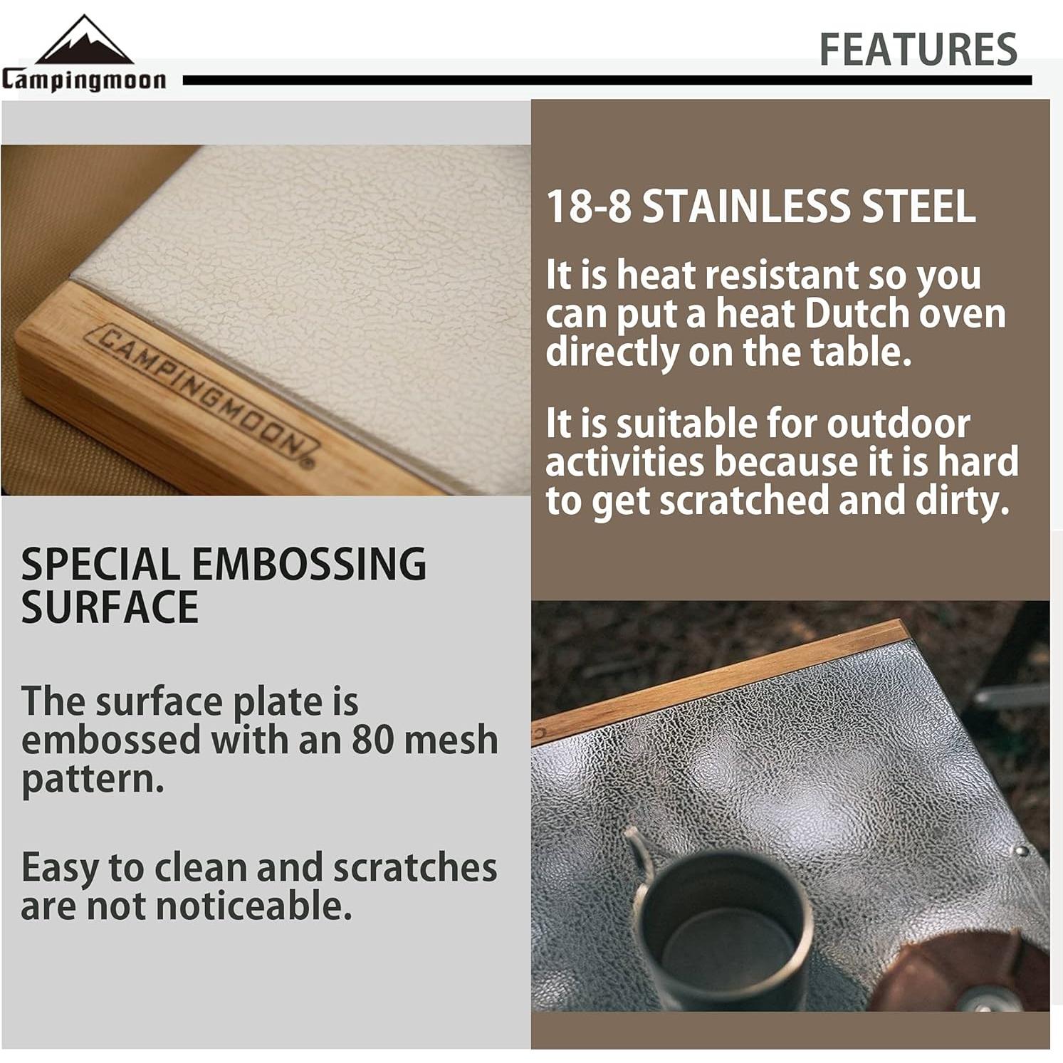 CAMPINGMOON Camping Side Table Heat-Resisting Stainless Steel Embossing Process for Outdoor Table Top Grill with Carrying Bag T-370