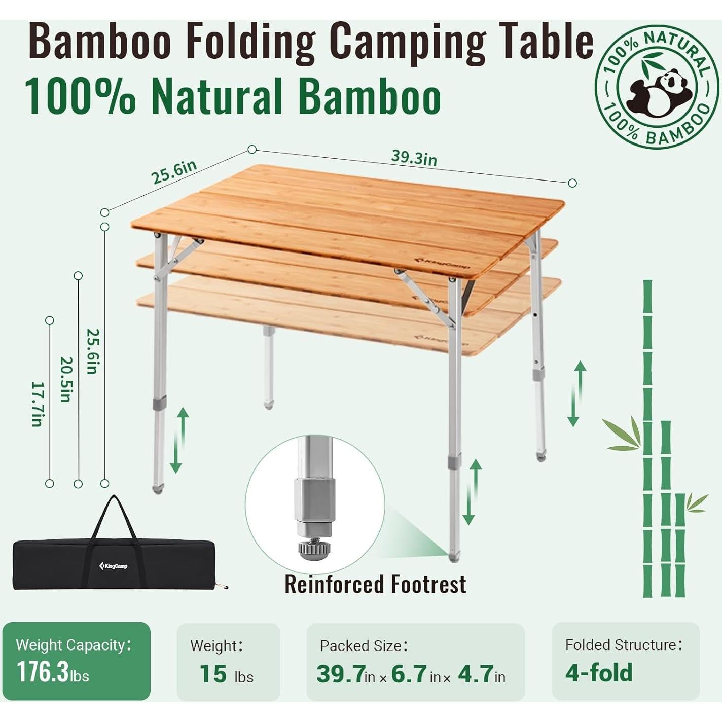 Silla Plegable KingCamp Sobredimensionada con Mesa de Bambú 204 kg