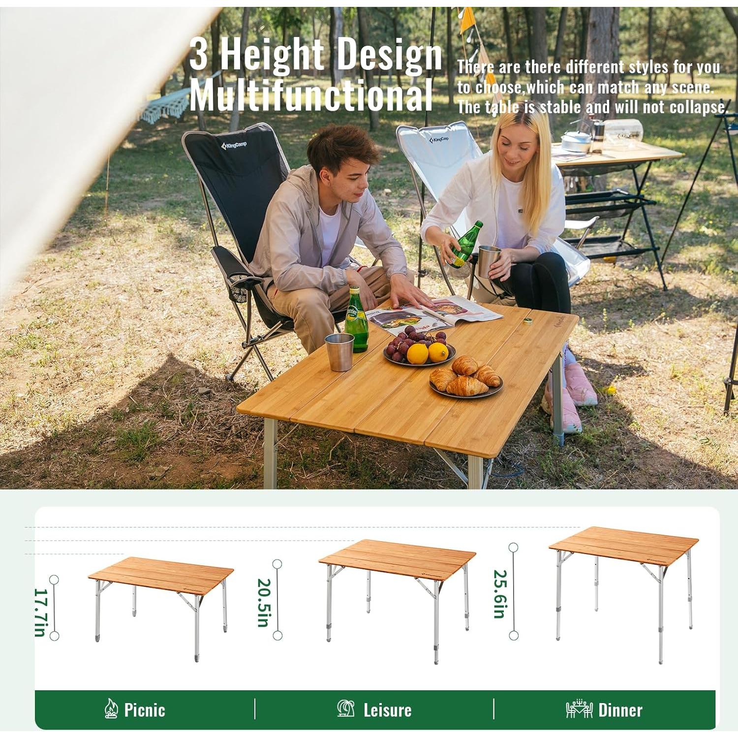 Silla Plegable KingCamp Sobredimensionada con Mesa de Bambú 204 kg