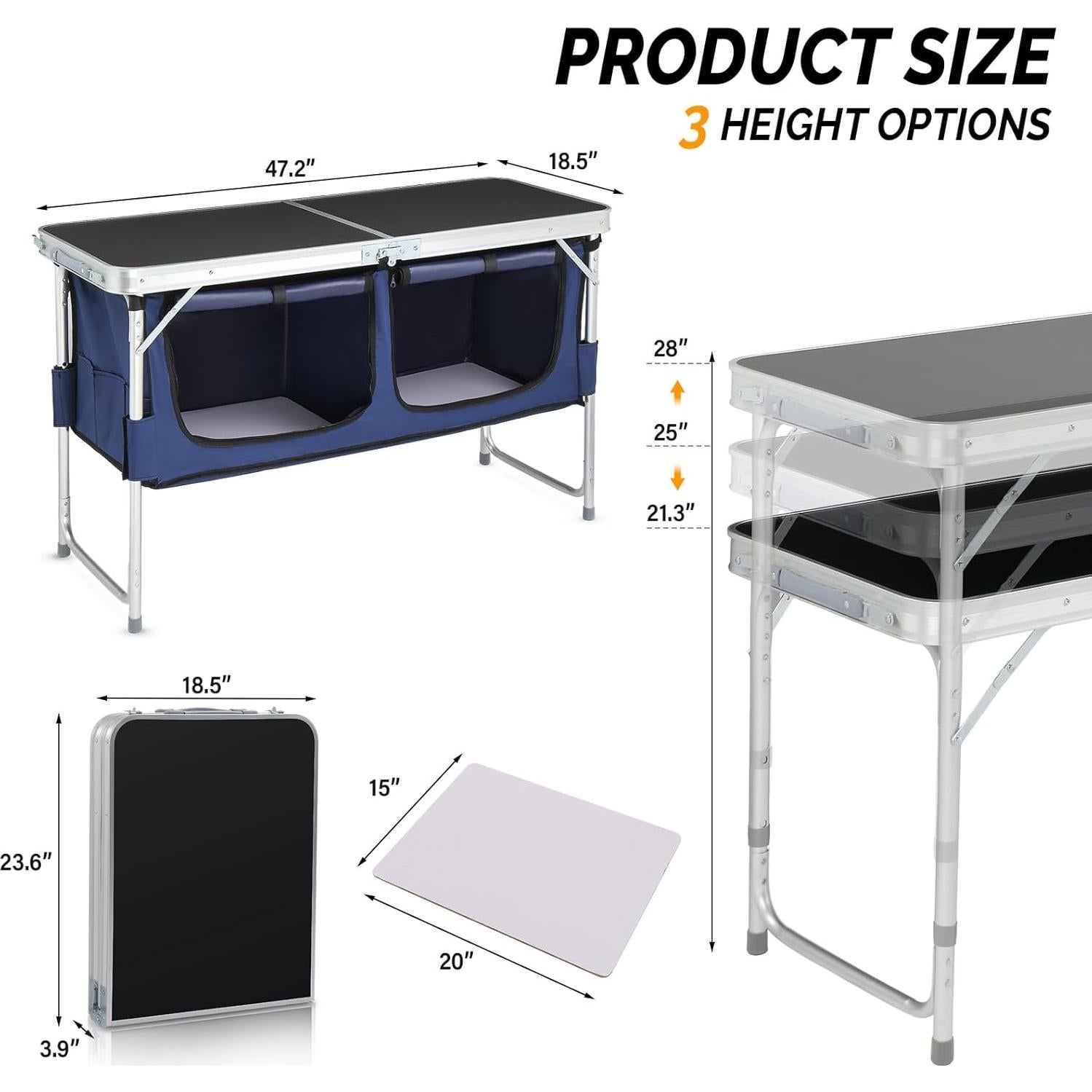 Mesa Plegable de Camping VINGLI 4 Pies Aluminio Ajustable Negro