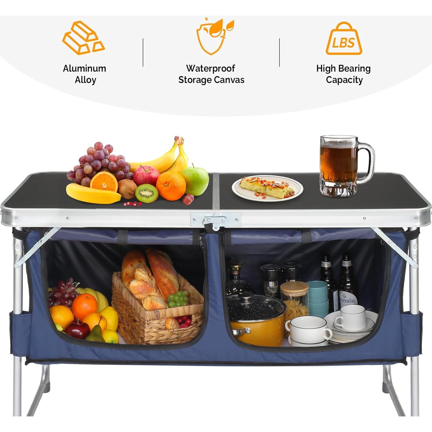 Mesa Plegable de Camping VINGLI 4 Pies Aluminio Ajustable Negro