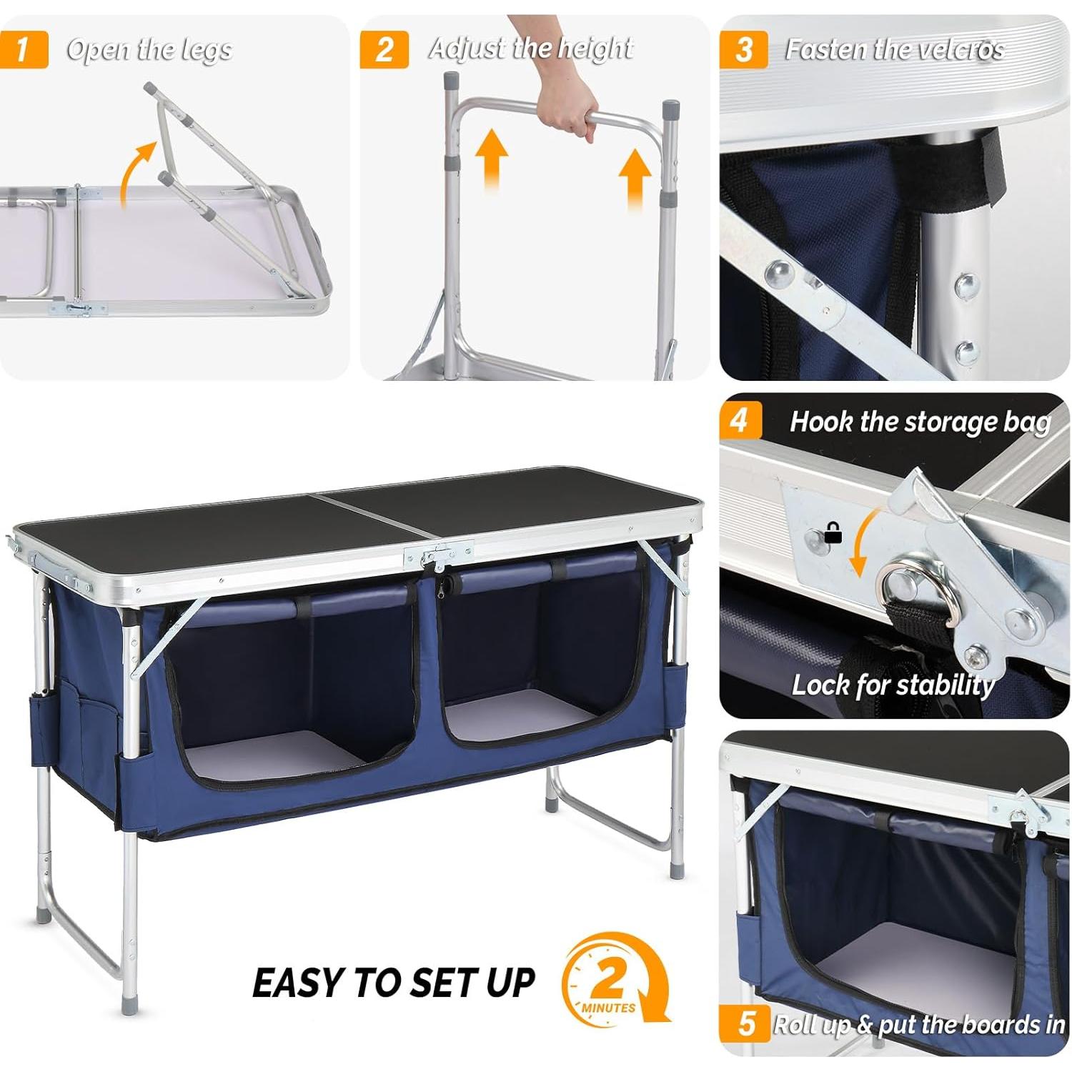 Mesa Plegable de Camping VINGLI 4 Pies Aluminio Ajustable Negro