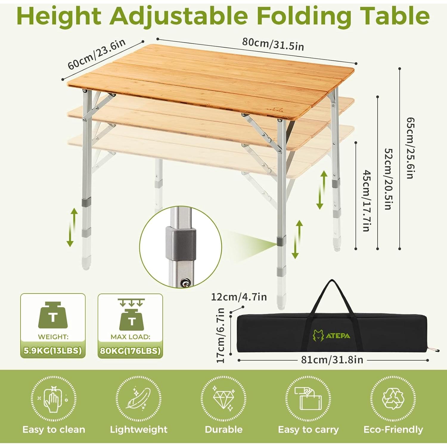 ATEPA Bamboo Folding Table, 32 * 24'' Adjustable Height Folding Camping Table, Eco Friendly Wooden Folding Table with Aluminum Legs, Carry Bag for Picnic Beach Fishing Outdoor Indoor, 2-4 Person