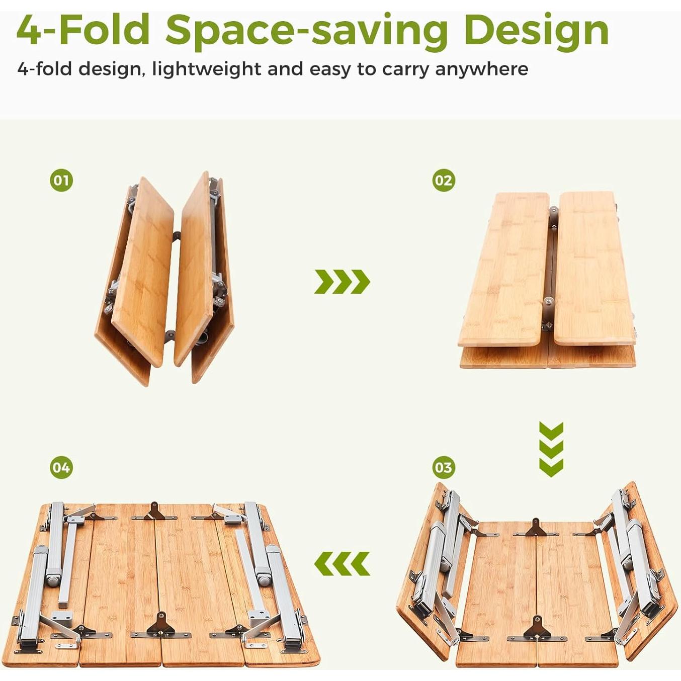 ATEPA Bamboo Folding Table, 32 * 24'' Adjustable Height Folding Camping Table, Eco Friendly Wooden Folding Table with Aluminum Legs, Carry Bag for Picnic Beach Fishing Outdoor Indoor, 2-4 Person
