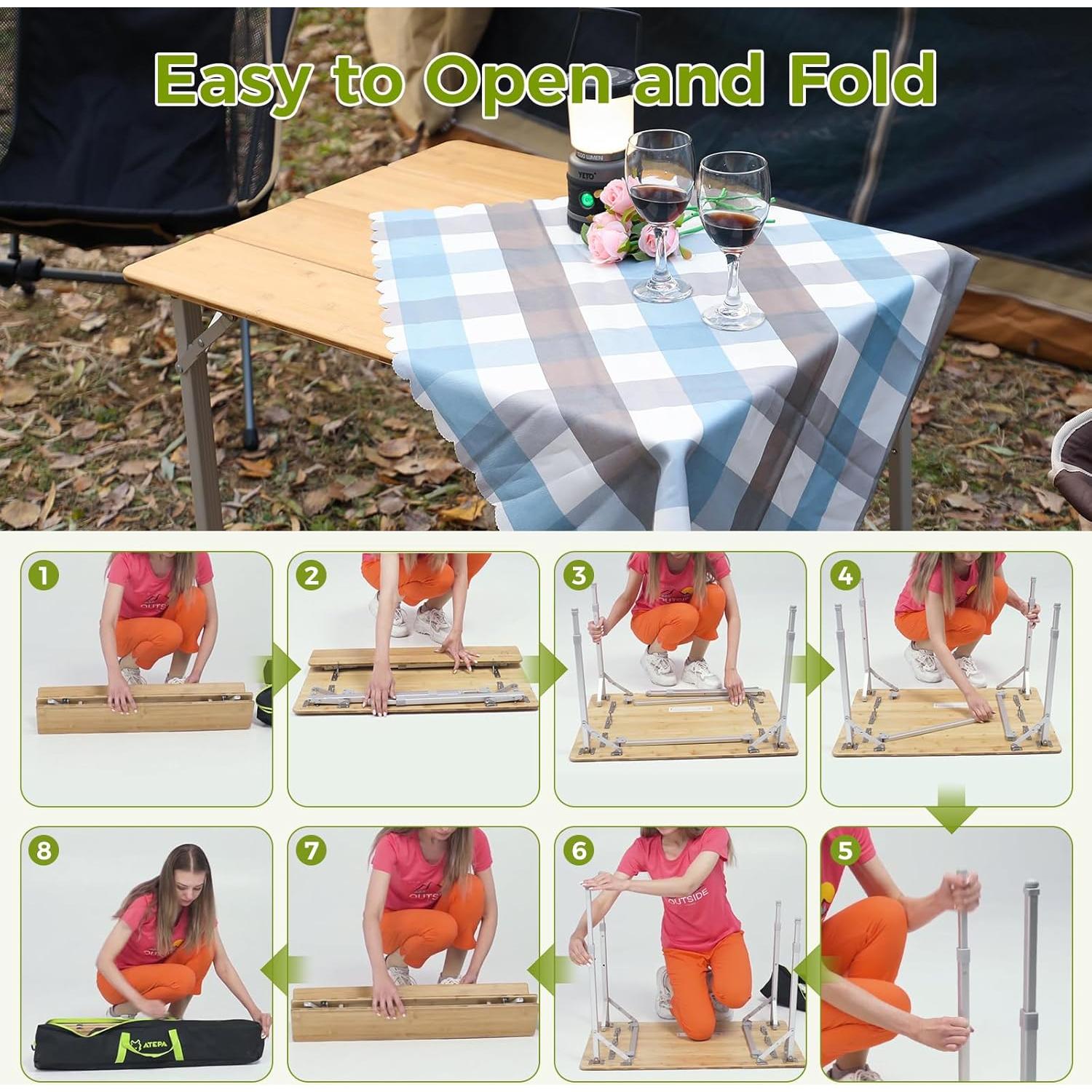 ATEPA Bamboo Folding Table, 32 * 24'' Adjustable Height Folding Camping Table, Eco Friendly Wooden Folding Table with Aluminum Legs, Carry Bag for Picnic Beach Fishing Outdoor Indoor, 2-4 Person