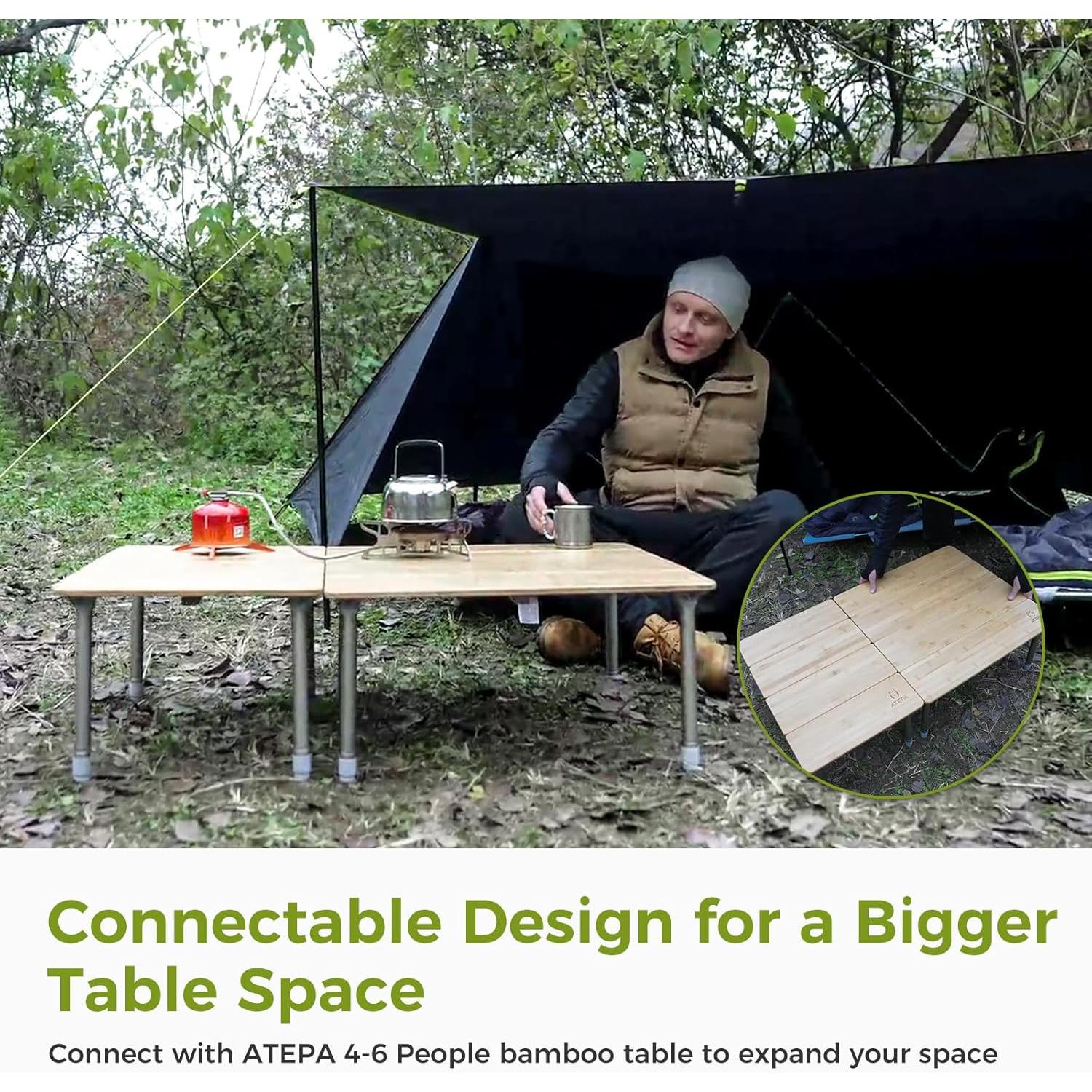 ATEPA Bamboo Folding Table, 32 * 24'' Adjustable Height Folding Camping Table, Eco Friendly Wooden Folding Table with Aluminum Legs, Carry Bag for Picnic Beach Fishing Outdoor Indoor, 2-4 Person