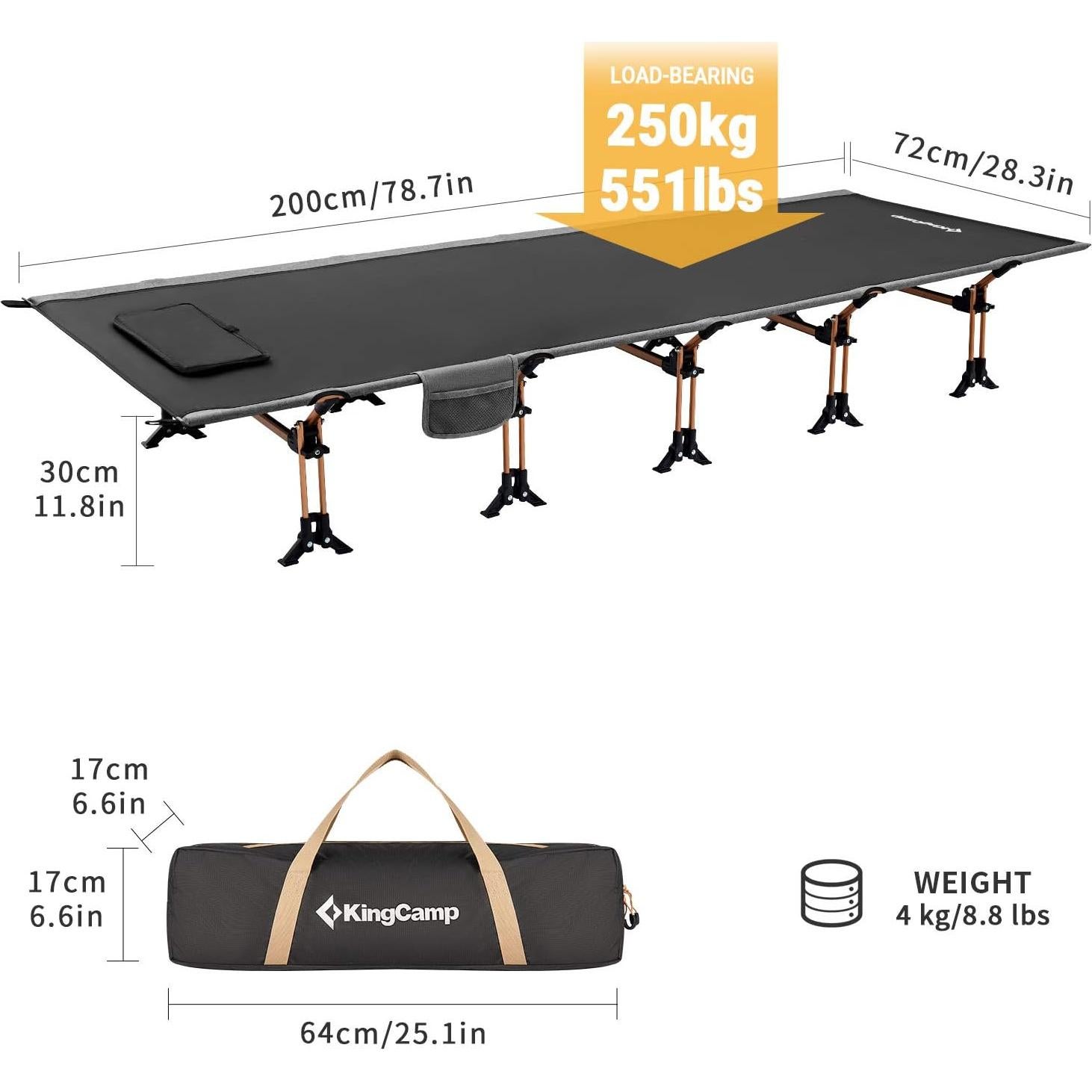 Cama de Camping Plegable KingCamp XXL 551 lbs Negra