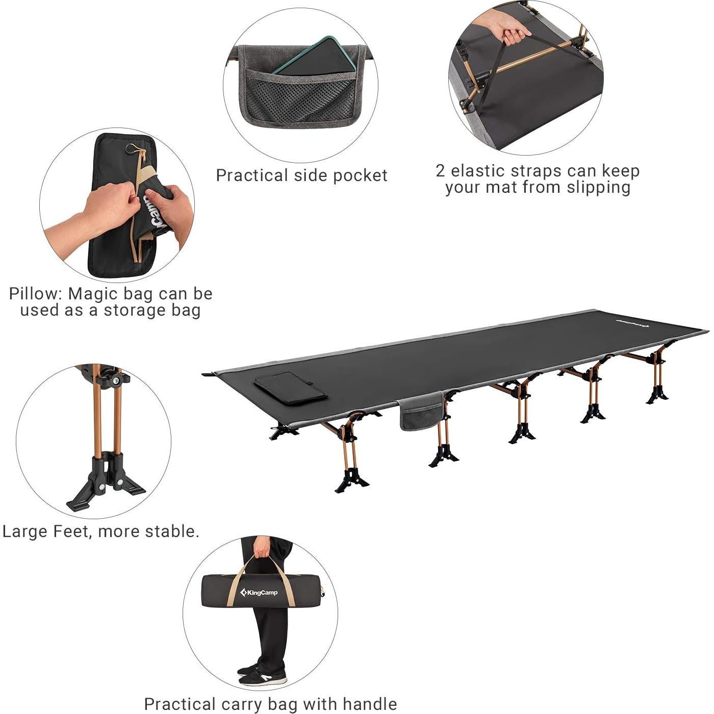 Cama de Camping Plegable KingCamp XXL 551 lbs Negra