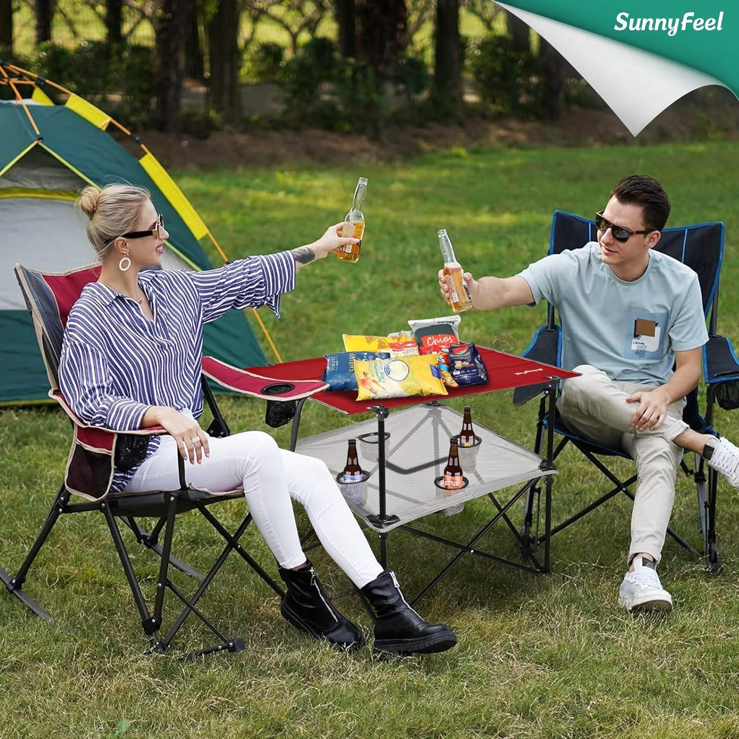 Mesa de Camping Plegable SUNNYFEEL Roja con 4 Portavasos