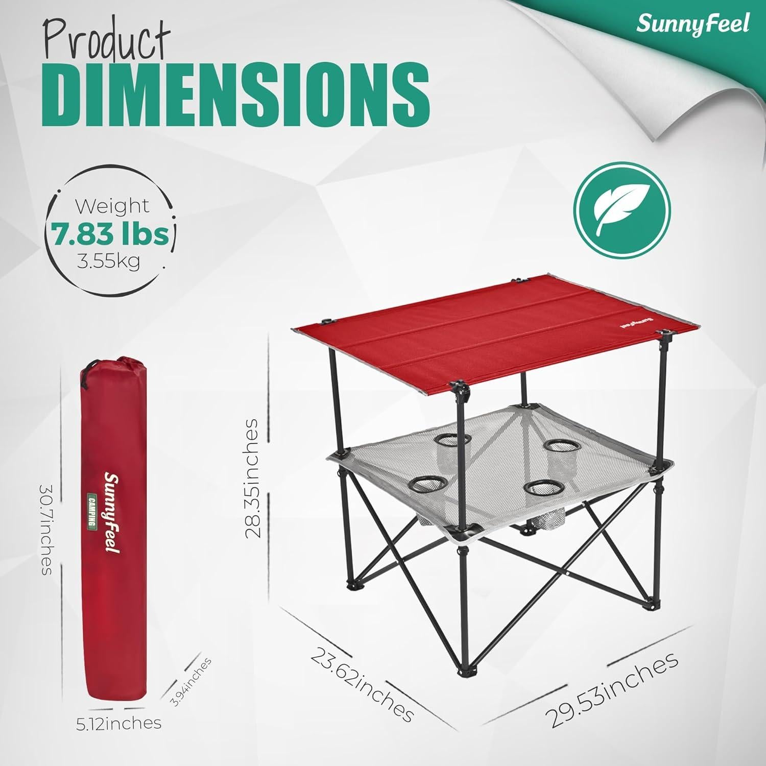 Mesa de Camping Plegable SUNNYFEEL Roja con 4 Portavasos