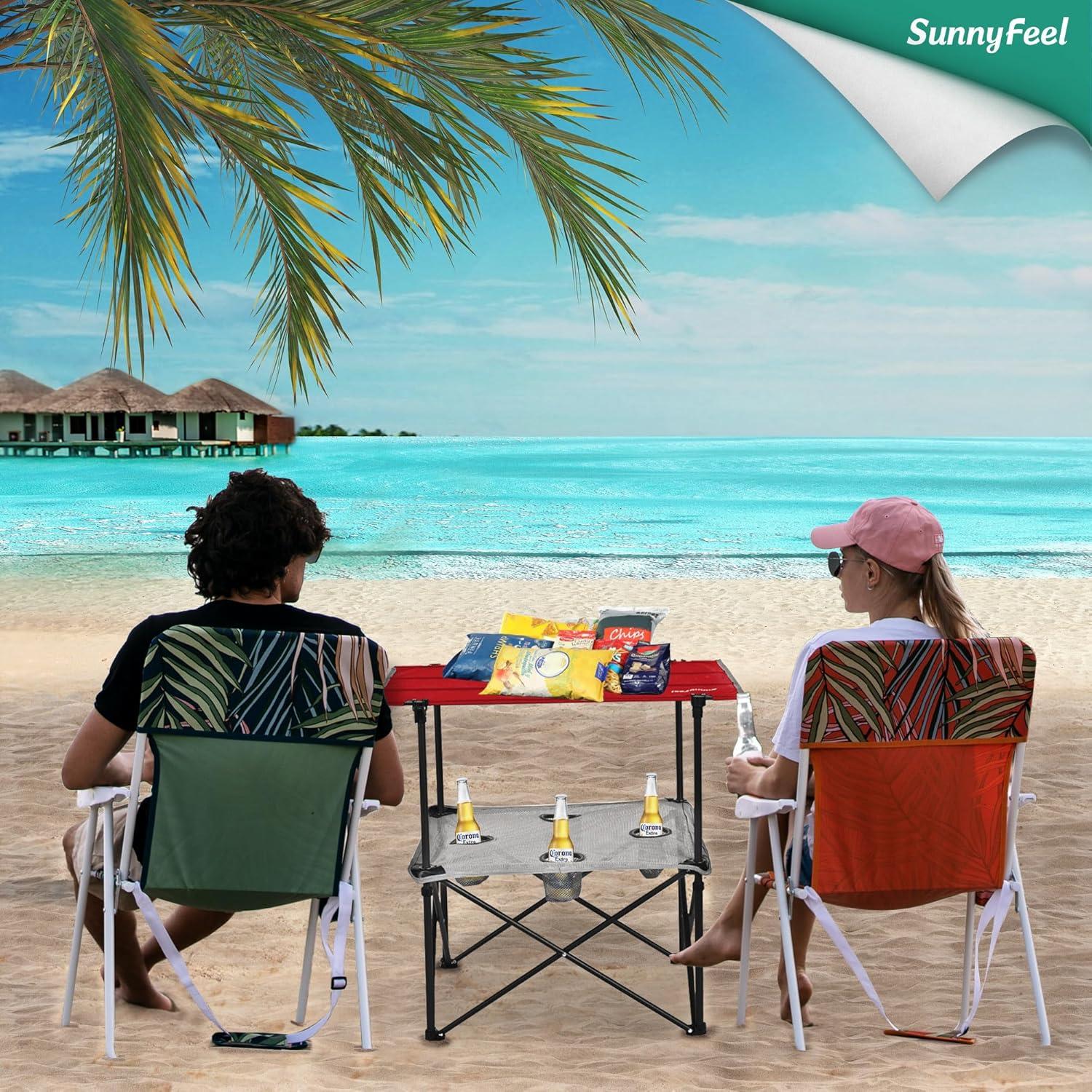 Mesa de Camping Plegable SUNNYFEEL Roja con 4 Portavasos