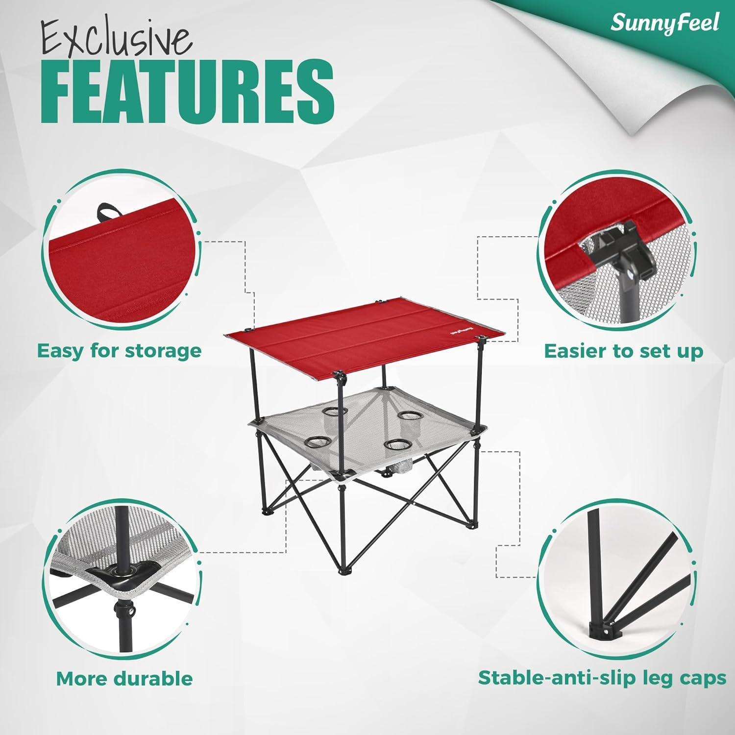Mesa de Camping Plegable SUNNYFEEL Roja con 4 Portavasos