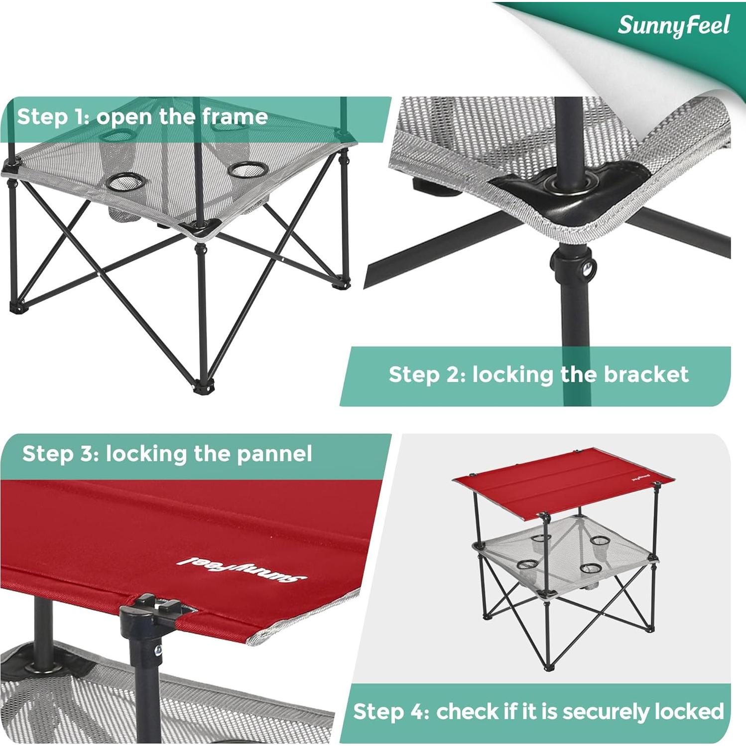Mesa de Camping Plegable SUNNYFEEL Roja con 4 Portavasos