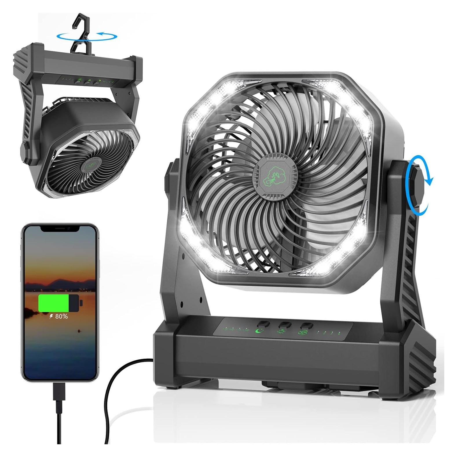 Camping Fan with LED Light, 20000mAh Rechargeable Battery Operated Camp Fan with Hook, 270° Pivot, 4 Speeds, USB Table Fan for Camping, Fishing, Power Outage, Barbecue, Jobsite