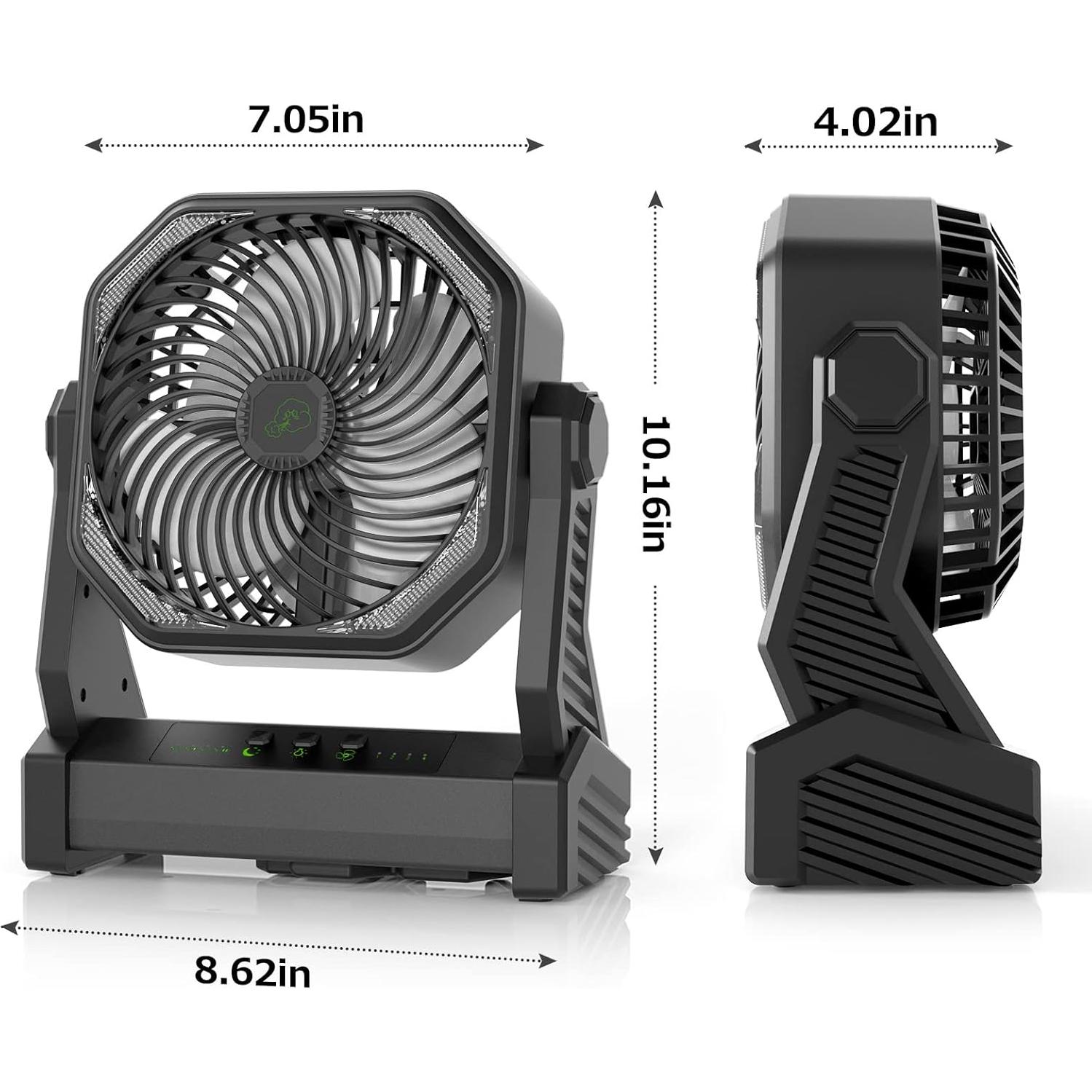 Camping Fan with LED Light, 20000mAh Rechargeable Battery Operated Camp Fan with Hook, 270° Pivot, 4 Speeds, USB Table Fan for Camping, Fishing, Power Outage, Barbecue, Jobsite