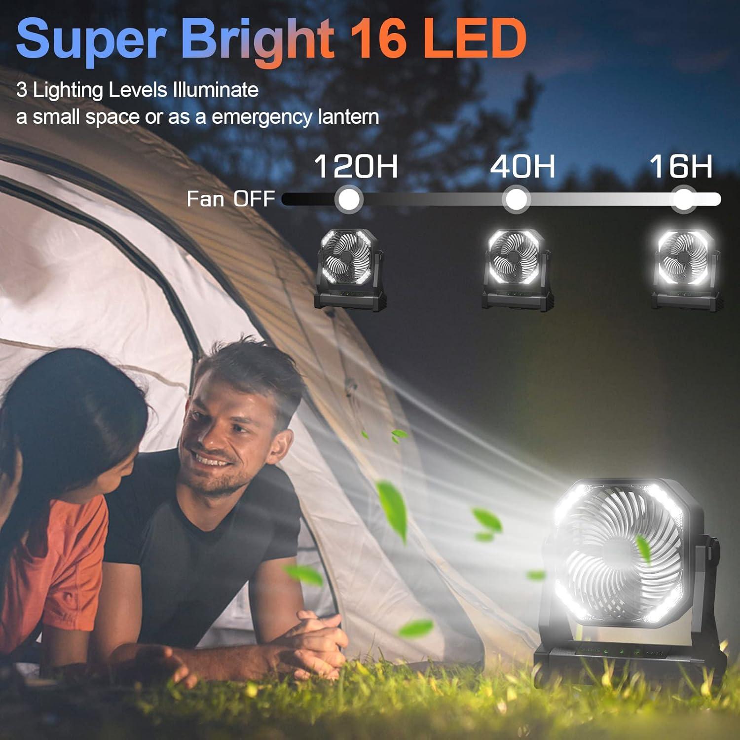 Camping Fan with LED Light, 20000mAh Rechargeable Battery Operated Camp Fan with Hook, 270° Pivot, 4 Speeds, USB Table Fan for Camping, Fishing, Power Outage, Barbecue, Jobsite