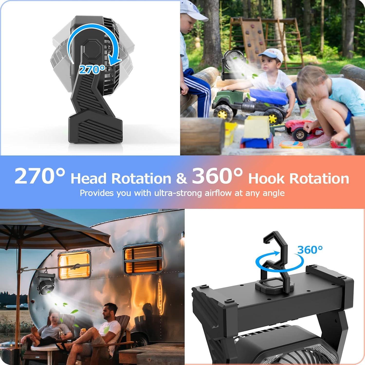 Camping Fan with LED Light, 20000mAh Rechargeable Battery Operated Camp Fan with Hook, 270° Pivot, 4 Speeds, USB Table Fan for Camping, Fishing, Power Outage, Barbecue, Jobsite