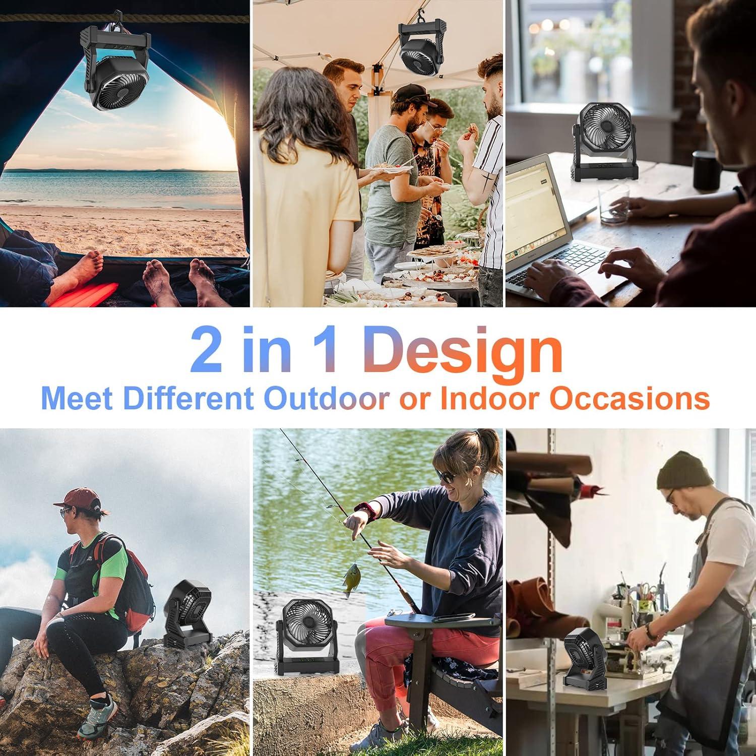 Camping Fan with LED Light, 20000mAh Rechargeable Battery Operated Camp Fan with Hook, 270° Pivot, 4 Speeds, USB Table Fan for Camping, Fishing, Power Outage, Barbecue, Jobsite