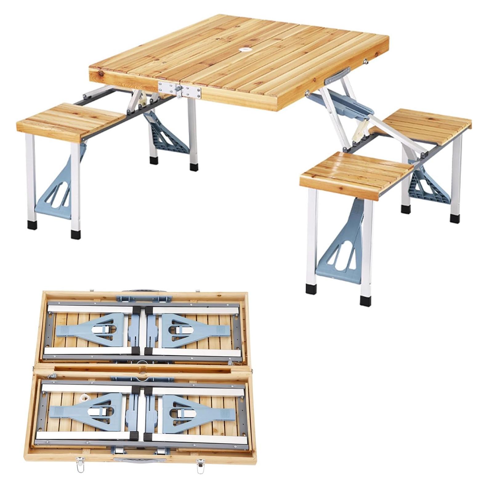 Folding Picnic Table with Seats, Aluminum Camping Table with Umbrella Hole, Portable Suitcase Table, Foldable Camping Picnic Table for Outdoor, Party, Yard, Lawn, Beach, BBQ